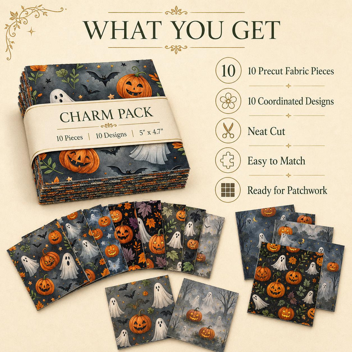 10pcs Charm Pack Set Ghost Pumpkin Halloween Vintage Style Pattern Handmade DIY with Rich Color and Texture Elements 100% Polyester Patchwork in 10 Design Styles Suitable for Patchwork DIY Craft Projects DIY Wallet Making Gift Giving Bag Making