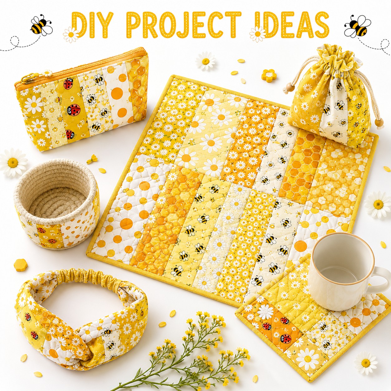 10Pc/Set, Making 10 Images 1pc Each, Each Size: 6.3*50cm Ladybug Bee Spring Daisy Yellow Series Sliced Fabric Set Style Combination, Polyester Jelly Roll Fabric Strips, Pre-Cut Quilting Squares, For Quilting DIY, Handicrafts And Sewing, Blankets, Rugs