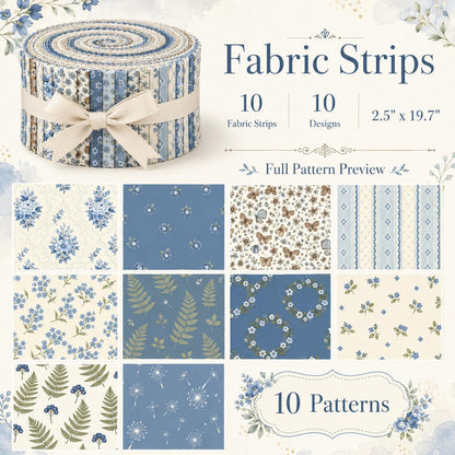 10pcs Vintage Floral Blue & White Pattern Purple Jelly Roll Fabric Strips 2.5X19.7inch Pre-cut 100% Polyester for Patchwork Quilts, Table Runners, Placemats, Tote Bags, Storage Pouches, Makeup Bags, Coasters, Quilt Blocks & Binding