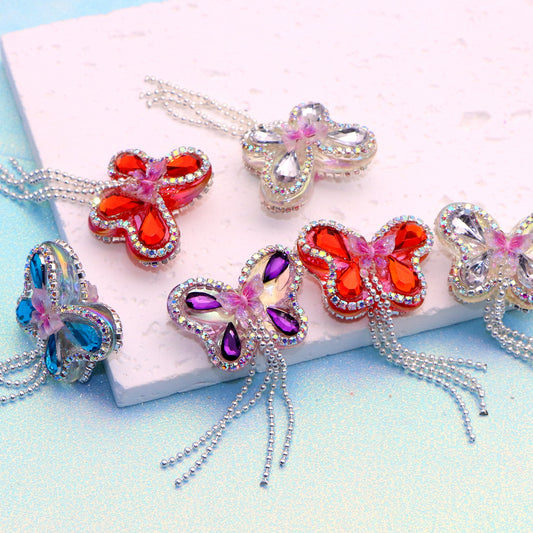 1Pc Luxury Butterfly Rhinestone Faux Crystal Beads with Tassel Loose Spacer Beads with Hole Jewelry Making DIY Bracelet Necklace Chain Earrings Pen Charm Bangle Decors Craft Supplies