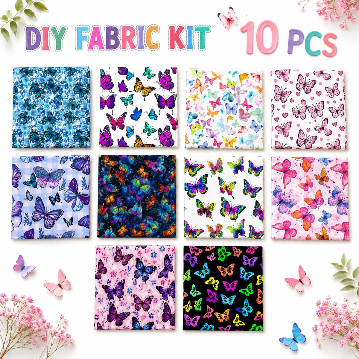 10Pc/Set Flower Butterfly Series Fat Quarter Fabric, Pre-Cut Square Fabric Assort, Fabric Set, Craft Fabric, Handmade DIY Patchwork Fabric,Home Quilting Sewing Fabric, Packaging Fabric, Scrapbooking Craft Hobbyist