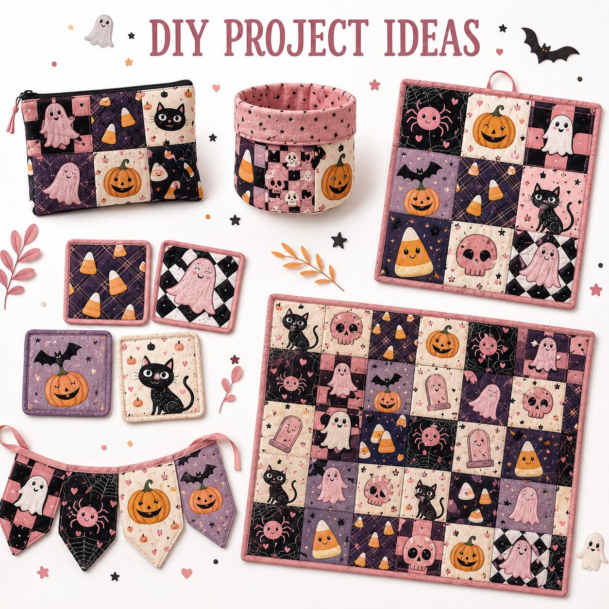 10pcs Charm Pack Set  Bat Ghost Cat Pumpkin Halloween Vintage Style Pattern Handmade DIY with Rich Color and Texture Elements 100% Polyester Patchwork in 10 Design Styles Suitable for Patchwork DIY Craft Projects DIY Wallet Making Gift Giving Bag Making
