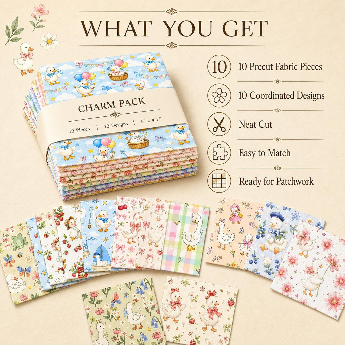 10pcs Charm Pack Set Duck Fruit Berry Pattern Vintage Style Handmade DIY with Rich Color and Texture Elements 100% Polyester Patchwork in 10 Design Styles Suitable for Patchwork DIY Craft Projects DIY Wallet Making Gift Giving Bag Making Mother's Day Gift