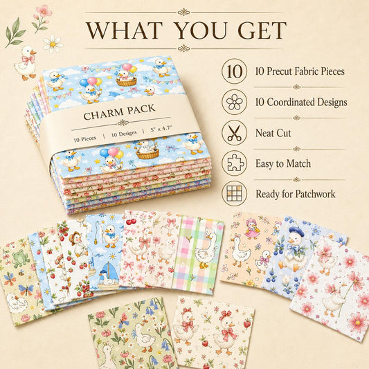10pcs Charm Pack Set Duck Fruit Berry Pattern Vintage Style Handmade DIY with Rich Color and Texture Elements 100% Polyester Patchwork in 10 Design Styles Suitable for Patchwork DIY Craft Projects DIY Wallet Making Gift Giving Bag Making Mother's Day Gift