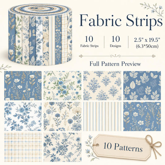 10pcs Vintage Blue Floral Pattern Jelly Roll Fabric Strips 2.5X19.7inch Pre-Cut 100% Polyester For Patchwork Quilts, Table Runners, Placemats, Tote Bags, Storage Pouches, Makeup Bags, Coasters, Quilt Blocks & Binding
