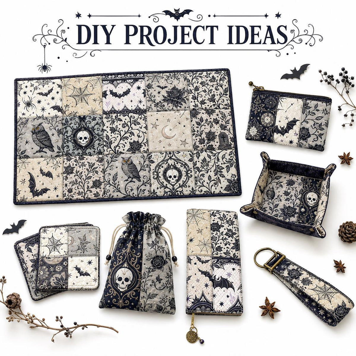 10Pc/Set Halloween Design Fat Quarter Fabric Set, Pre-Cut Square Craft Fabric with skull Cat Pumpkin Bat Design, Handmade DIY Patchwork Fabric for Home Quilting Sewing, Scrapbooking Craft, Holiday Decor