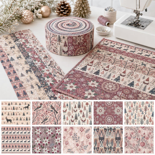 10pcs Vintage Christmas Tree Snow Deer Pattern Jelly Roll Fabric Strips 2.5X19.7inch Pre-Cut 100% Polyester For Patchwork Quilts, Table Runners, Placemats, Tote Bags, Storage Pouches, Makeup Bags, Coasters, Quilt Blocks & Binding