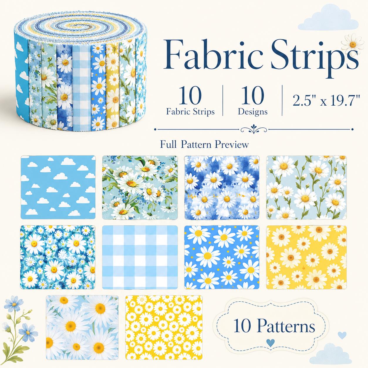 10Pc/Set, Making 10 Images 1pc Each, Each Size: 6.3*50cm Floral Daisy Blue Series Sliced Fabric Set Style Combination, Polyester Jelly Roll Fabric Strips, Pre-Cut Quilting Squares, For Quilting DIY, Handicrafts And Sewing, Blankets, Rugs