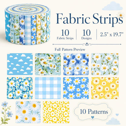 10Pc/Set, Making 10 Images 1pc Each, Each Size: 6.3*50cm Floral Daisy Blue Series Sliced Fabric Set Style Combination, Polyester Jelly Roll Fabric Strips, Pre-Cut Quilting Squares, For Quilting DIY, Handicrafts And Sewing, Blankets, Rugs