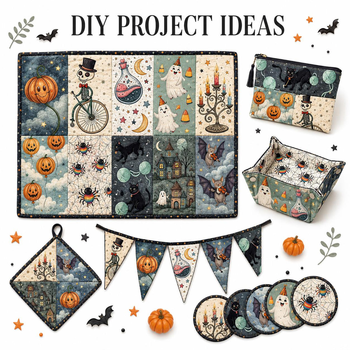 10Pc/Set Hallween Series Pumpkin Cat Moon Spider Bat Fat Quarter Fabric, Pre-Cut Square Fabric Assort, Fabric Set, Craft Fabric, Handmade DIY Patchwork Fabric,Home Quilting Sewing Fabric, Packaging Fabric, Scrapbooking Craft Hobbyist