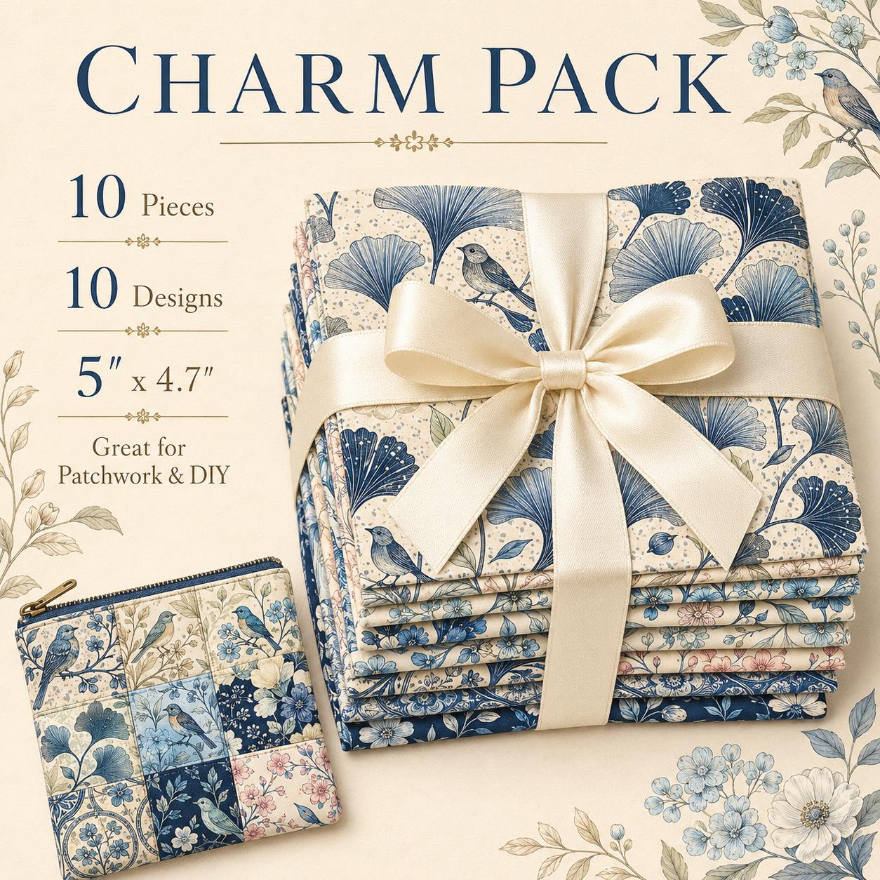 10pcs Charm Pack Set Floral Bird Vintage Style Pattern Handmade DIY with Rich Color and Texture Elements 100% Polyester Patchwork in 10 Design Styles Suitable for Patchwork DIY Craft Projects DIY Wallet Making Gift Giving Bag Making Mother's Day Gift