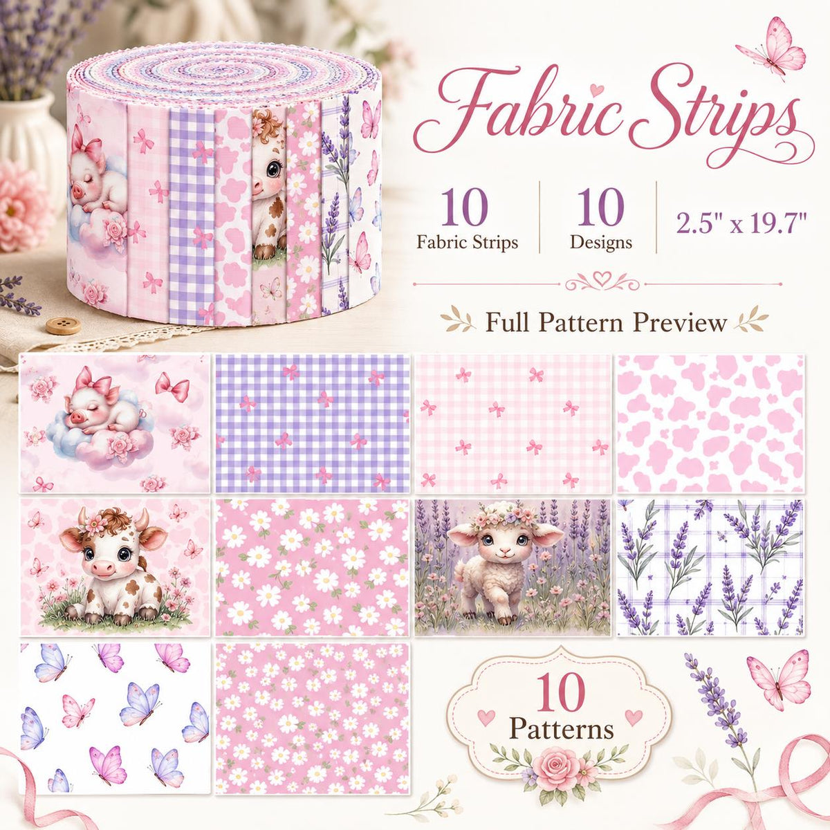 10pcs Vintage Lavender Cow Butterfly Pattern Jelly Roll Fabric Strips 2.5X19.7inch Pre-Cut 100% Polyester For Patchwork Quilts, Table Runners, Placemats, Tote Bags, Storage Pouches, Makeup Bags, Coasters, Quilt Blocks & Binding Multi-Color