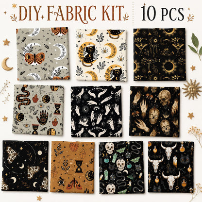10pcs Charm Pack Set Cat Hand Skull Vintage Style Pattern Handmade DIY with Rich Color and Texture Elements 100% Polyester Patchwork in 10 Design Styles Suitable for Patchwork DIY Craft Projects DIY Wallet Making Gift Giving Bag Making Mother's Day Gift
