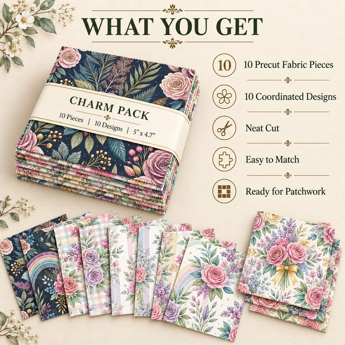 10Pc/Set Flower Plaid Series Fat Quarter Fabric, Pre-Cut Square Fabric Assort, Fabric Set, Craft Fabric, Handmade DIY Patchwork Fabric,Home Quilting Sewing Fabric, Packaging Fabric, Scrapbooking Craft Hobbyist