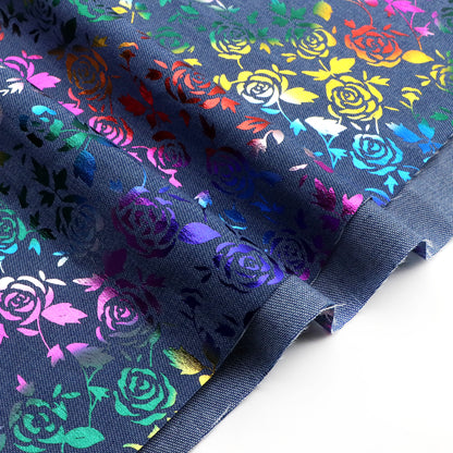 1pc Rainbow Foil Rose Flower Denim Fabric, 59x19.68inch Pre-Cut 100% Polyester, Vibrant Rose Design for DIY Crafts, Bags, Sewing Projects & Hats, Hand Wash Only, Sewing Supplies, Craft Fabric | Vintage Style Fabric | Durable Fabric, Denim Fabric