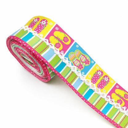 5 Yards Summer Slippers Stripe Print Ribbon, Width 32mm/1.26-Inch, Two Ribbon Equipped with White Center Hook Edge, Ideal for Showcasing Jewelry And Wrapping Gifts, Creating Bows, Holiday Decorations
