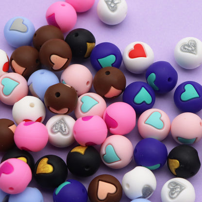 5Pcs 15mm Festive Silicone Beads Love Heart Pattern Round Shaped Focal Beads Loose Spacer Beads for DIY Jewelry Making Accessories DIY Bracelet Necklace Chain Earrings Charm Bangle Decors Craft Pen Supplies