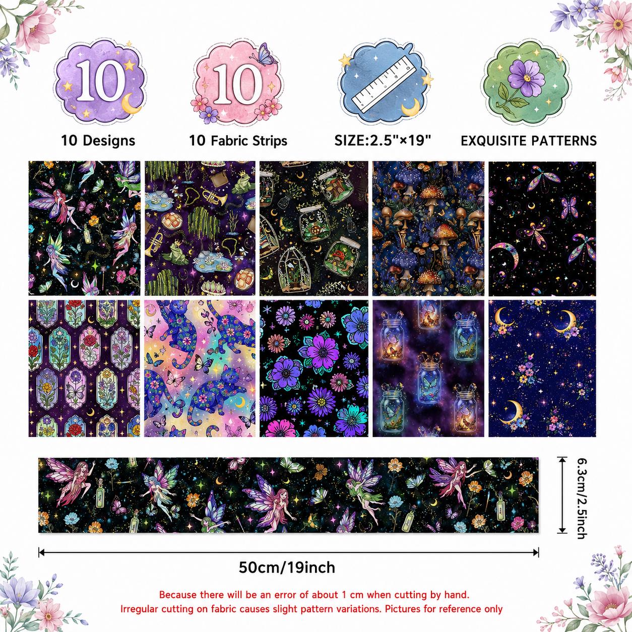 10pcs Vintage Moon Cat Bottle Night Pattern Jelly Roll Fabric Strips 2.5X19.7inch Pre-cut 100% Polyester for Patchwork Quilts, Table Runners, Placemats, Tote Bags, Storage Pouches, Makeup Bags, Coasters, Quilt Blocks & Binding Halloween Gift