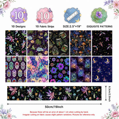 10pcs Vintage Moon Cat Bottle Night Pattern Jelly Roll Fabric Strips 2.5X19.7inch Pre-cut 100% Polyester for Patchwork Quilts, Table Runners, Placemats, Tote Bags, Storage Pouches, Makeup Bags, Coasters, Quilt Blocks & Binding Halloween Gift