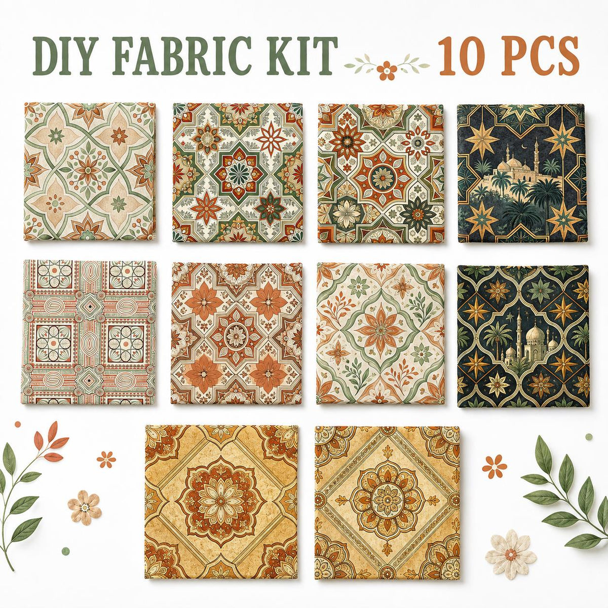 10pcs Charm Pack Set Geometric Floral Pattern 100% Polyester Patchwork in 10 Design Styles, Ready-to-Sew Without Cutting, Suitable For Patchwork Wallet Making Gift Giving Tote Bags Coasters DIY Craft Projects