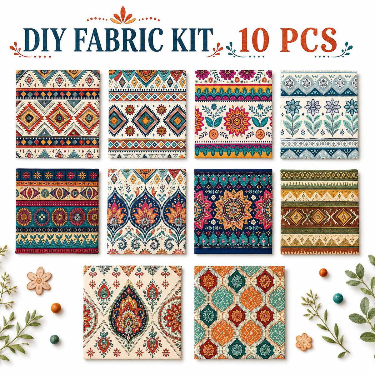 10Pc/Set Flower Stripe Geometric Patterns Ethnic Style Series Fat Quarter Fabric, Pre-Cut Square Fabric Assort, Fabric Set, Craft Fabric, Handmade DIY Patchwork Fabric,Home Quilting Sewing Fabric, Packaging Fabric, Scrapbooking Craft Hobbyist