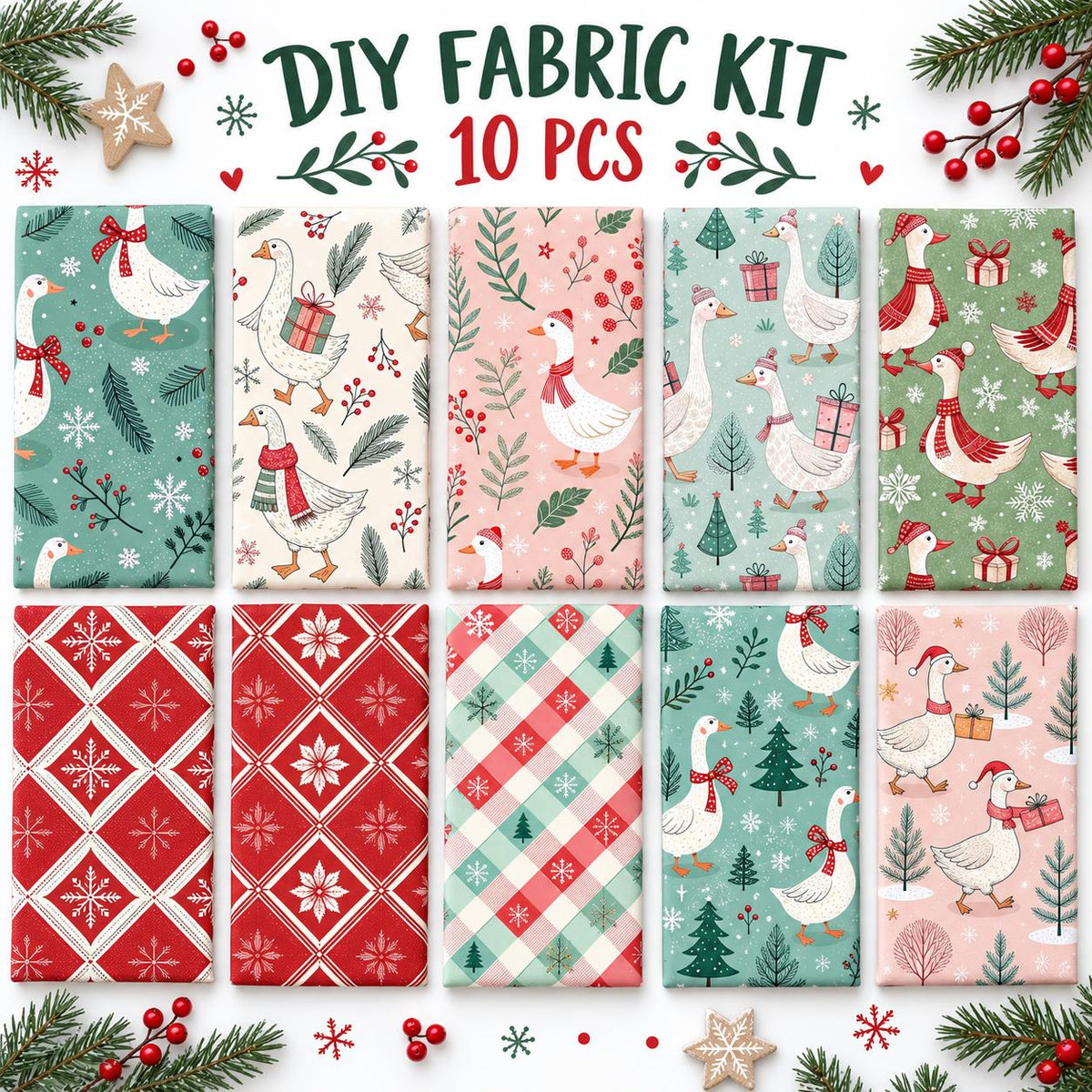 10Pc/Set Christmas Series Plaid Tree Duck Fat Quarter Fabric, Pre-Cut Square Fabric Assort, Fabric Set, Craft Fabric, Handmade DIY Patchwork Fabric,Home Quilting Sewing Fabric, Packaging Fabric, Scrapbooking Craft Hobbyist