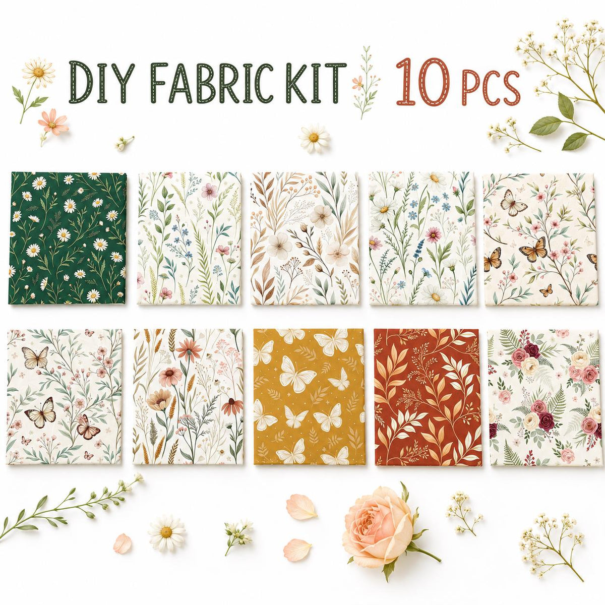10pcs Charm Pack Set Floral Pattern 100% Polyester Patchwork in 10 Design Styles, Ready-to-Sew Without Cutting, Suitable For Patchwork Wallet Making Gift Giving Tote Bags Coasters DIY Craft Projects