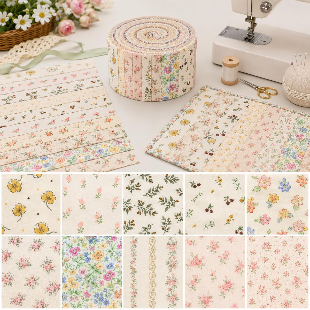 10pcs Vintage Floral Pattern Jelly Roll Fabric Strips 2.5X19.7inch Pre-cut 100% Polyester for Patchwork Quilts, Table Runners, Placemats, Tote Bags, Storage Pouches, Makeup Bags, Coasters, Quilt Blocks & Binding Multi-color