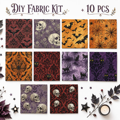 10Pc/Set Halloween Series Flower Skull Spider Web Bat Fat Quarter Fabric, Pre-Cut Square Fabric Assort, Fabric Set, Craft Fabric, Handmade DIY Patchwork Fabric,Home Quilting Sewing Fabric, Packaging Fabric, Scrapbooking Craft Hobbyist
