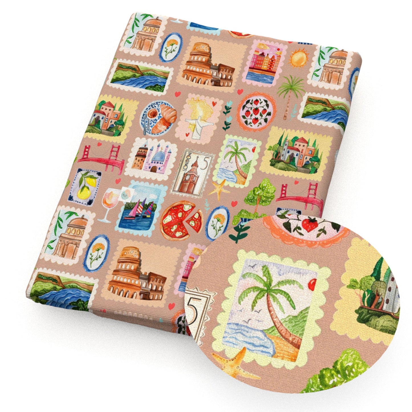stamp coconut palm tree bread strawberry lemon pizza leaf leaves tree house fabric