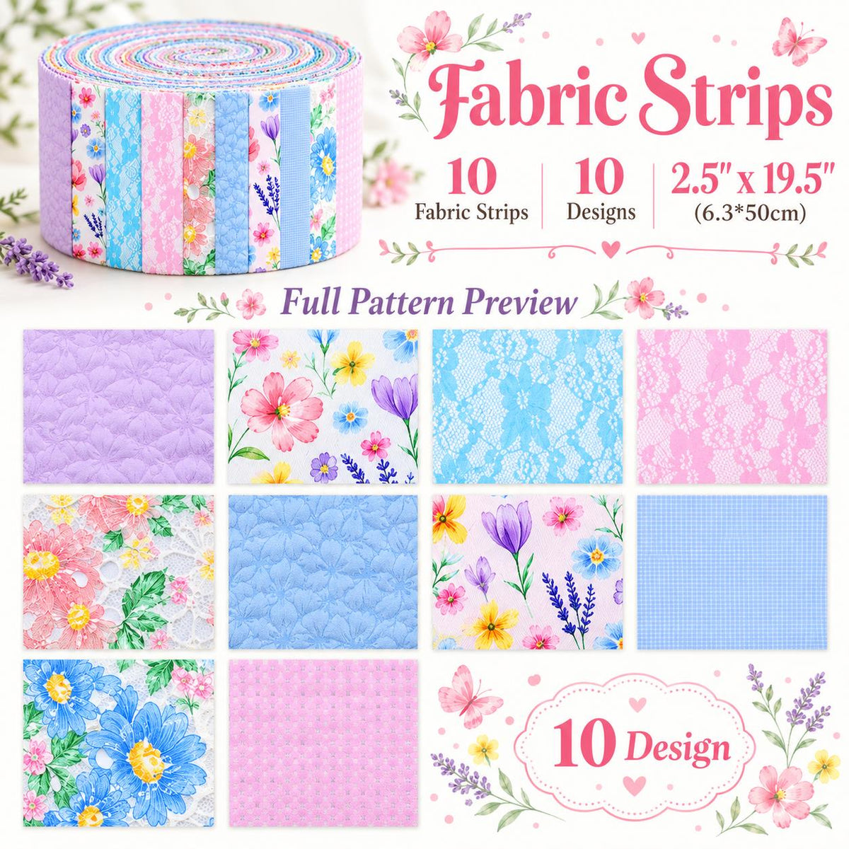 10Pc/Set, Making 10 Images 1pc Each, Each Size: 6.3*50cm Floral Mesh Gauze Lace Series Sliced Fabric Set Style Combination, Polyester Jelly Roll Fabric Strips, Pre-Cut Quilting Squares, For Quilting DIY, Handicrafts And Sewing, Blankets, Rugs, Interior De