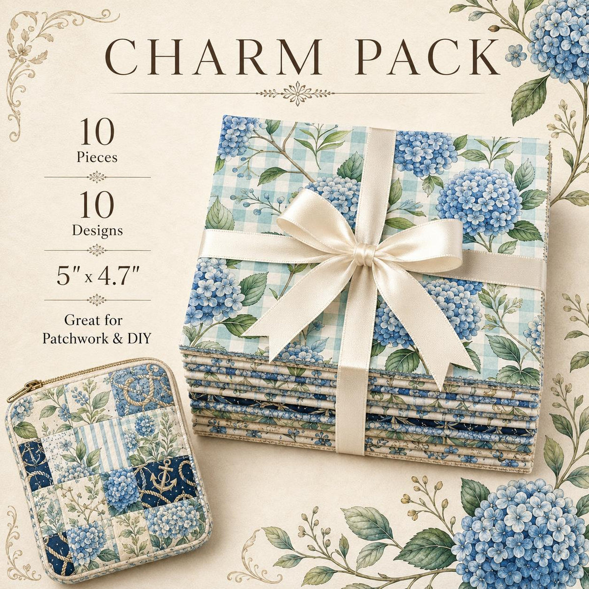 10pcs Charm Pack Set Floral Hydrangea Pattern Vintage Style Handmade DIY with Rich Color and Texture Elements 100% Polyester Patchwork in 10 Design Styles Suitable for Patchwork DIY Craft Projects DIY Wallet Making Gift Giving Bag Making Mother's Day Gift