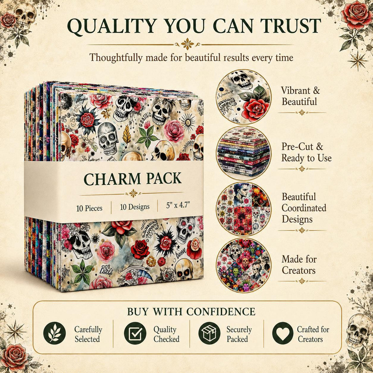 10Pc/Set Halloween Series Flower Skull Rose Fat Quarter Fabric, Pre-Cut Square Fabric Assort, Fabric Set, Craft Fabric, Handmade DIY Patchwork Fabric,Home Quilting Sewing Fabric, Packaging Fabric, Scrapbooking Craft Hobbyist