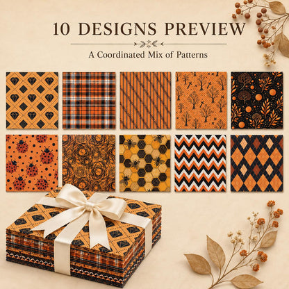 10Pc/Set Autumn Orange Series Ladybug Stripe Bee Dot Hexagon Fat Quarter Fabric, Pre-Cut Square Fabric Assort, Fabric Set, Craft Fabric, Handmade DIY Patchwork Fabric,Home Quilting Sewing Fabric, Packaging Fabric, Scrapbooking Craft Hobbyist