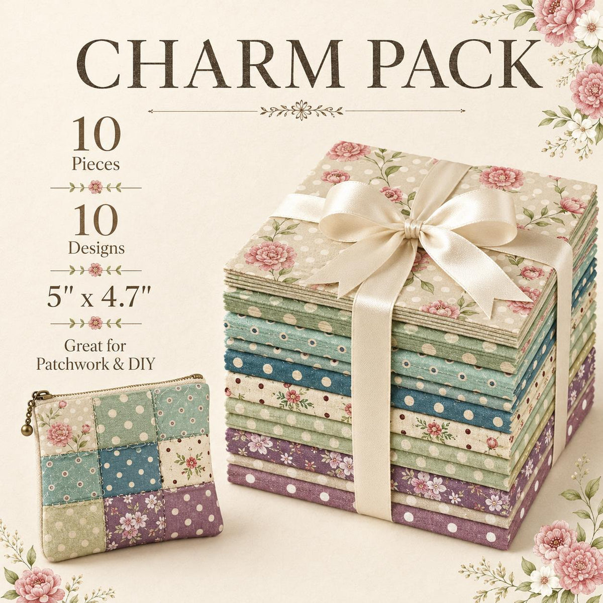 10pcs Charm Pack Set Floral Dot Pattern Vintage Style Handmade DIY with Rich Color and Texture Elements 100% Polyester Patchwork in 10 Design Styles Suitable for Patchwork DIY Craft Projects DIY Wallet Making Gift Giving Bag Making Mother's Day Gift