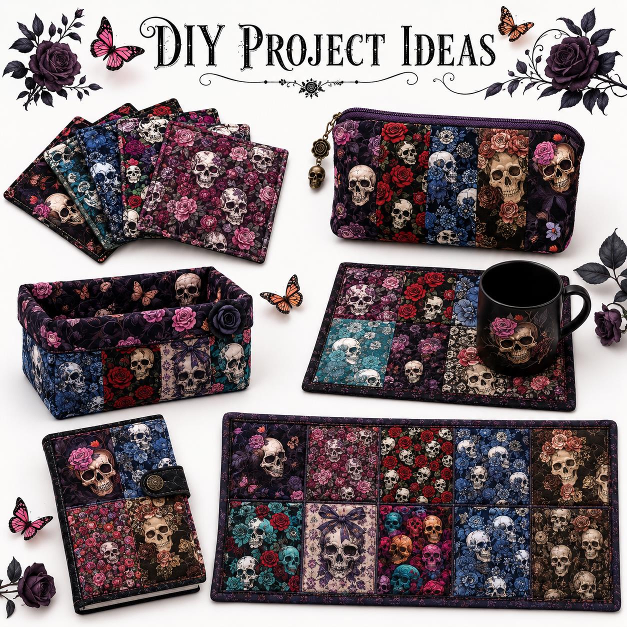 10pcs Charm Pack Set Skull Black Halloween Vintage Style Pattern Handmade DIY with Rich Color and Texture Elements 100% Polyester Patchwork in 10 Design Styles Suitable for Patchwork DIY Craft Projects DIY Wallet Making Gift Giving Bag Making Mother's Day