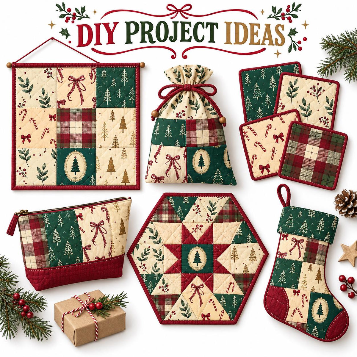 10Pc/Set Christmas Series Plaid Tree Bowknot Star Crutch Fat Quarter Fabric, Pre-Cut Square Fabric Assort, Fabric Set, Craft Fabric, Handmade DIY Patchwork Fabric,Home Quilting Sewing Fabric, Packaging Fabric, Scrapbooking Craft Hobbyist