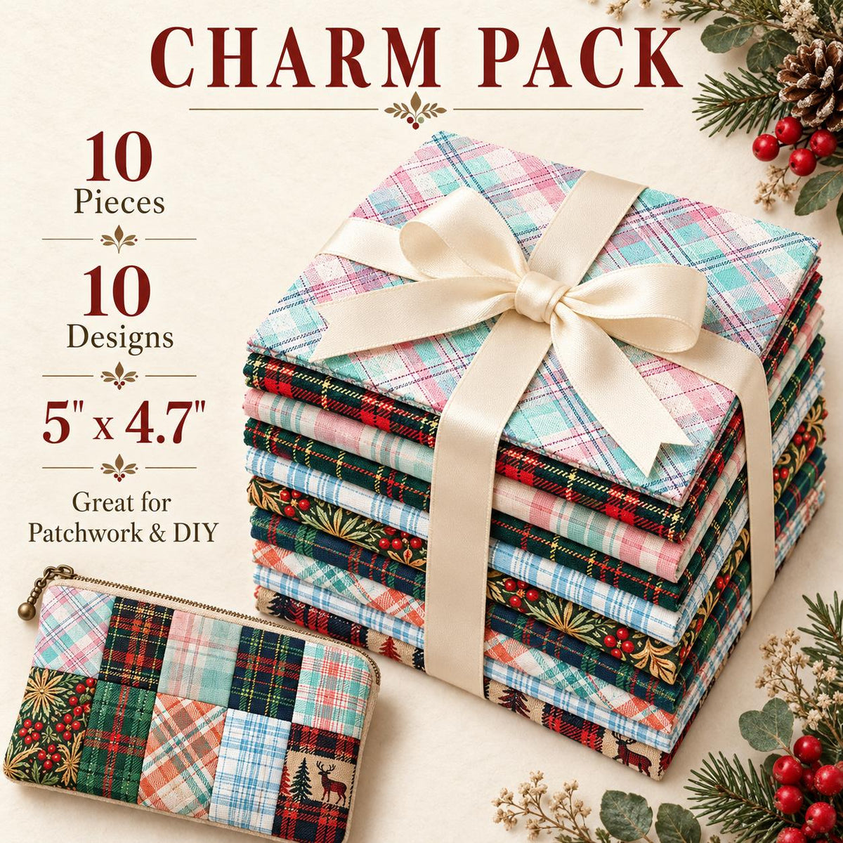 10Pc/Set Christmas Plaid Series Tree Deer Deer Fat Quarter Fabric, Pre-Cut Square Fabric Assort, Fabric Set, Craft Fabric, Handmade DIY Patchwork Fabric,Home Quilting Sewing Fabric, Packaging Fabric, Scrapbooking Craft Hobbyist