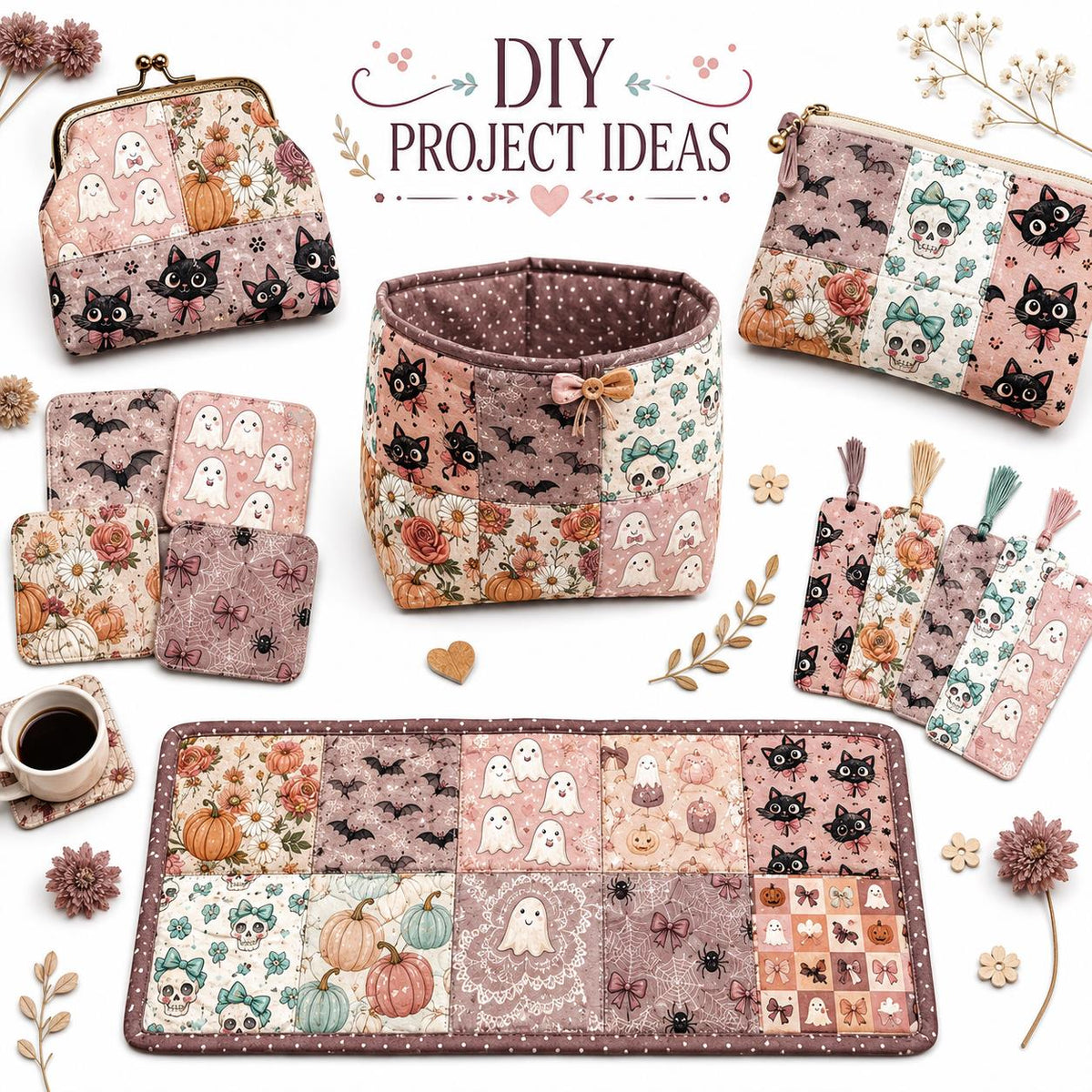 10pcs Charm Pack Set  Bat Ghost Halloween Vintage Style Pattern Handmade DIY with Rich Color and Texture Elements 100% Polyester Patchwork in 10 Design Styles Suitable for Patchwork DIY Craft Projects DIY Wallet Making Gift Giving Bag Making
