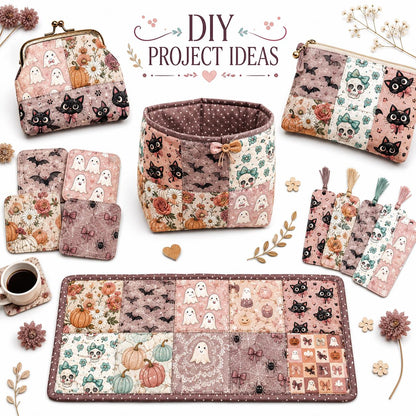 10pcs Charm Pack Set  Bat Ghost Halloween Vintage Style Pattern Handmade DIY with Rich Color and Texture Elements 100% Polyester Patchwork in 10 Design Styles Suitable for Patchwork DIY Craft Projects DIY Wallet Making Gift Giving Bag Making