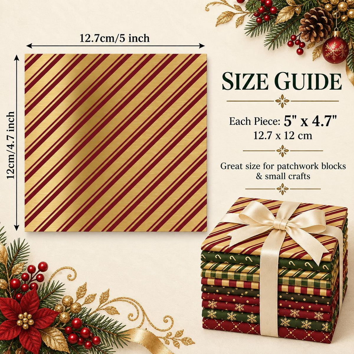 10Pc/Set Christmas Series Plaid Stripe Crutch Fat Quarter Fabric, Pre-Cut Square Fabric Assort, Fabric Set, Craft Fabric, Handmade DIY Patchwork Fabric,Home Quilting Sewing Fabric, Packaging Fabric, Scrapbooking Craft Hobbyist