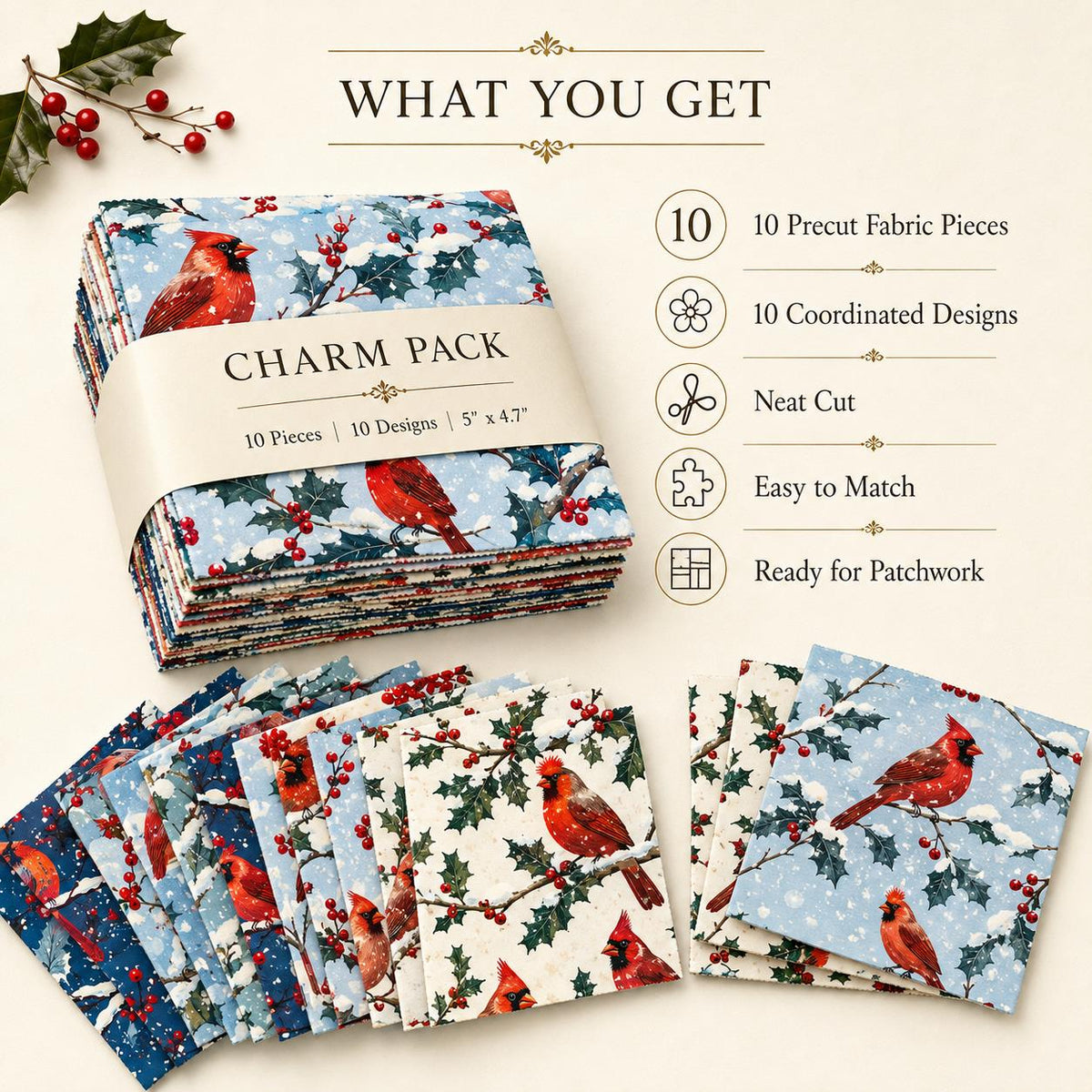 10Pc/Set Christmas Series Northern Cardinal Holly Fat Quarter Fabric, Pre-Cut Square Fabric Assort, Fabric Set, Craft Fabric, Handmade DIY Patchwork Fabric,Home Quilting Sewing Fabric, Packaging Fabric, Scrapbooking Craft Hobbyist