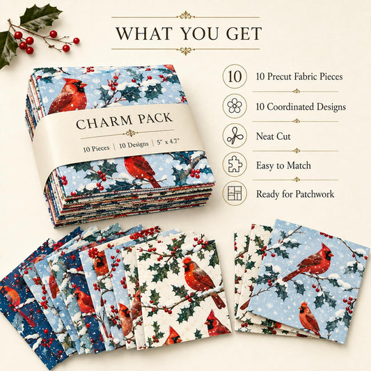 10Pc/Set Christmas Series Northern Cardinal Holly Fat Quarter Fabric, Pre-Cut Square Fabric Assort, Fabric Set, Craft Fabric, Handmade DIY Patchwork Fabric,Home Quilting Sewing Fabric, Packaging Fabric, Scrapbooking Craft Hobbyist