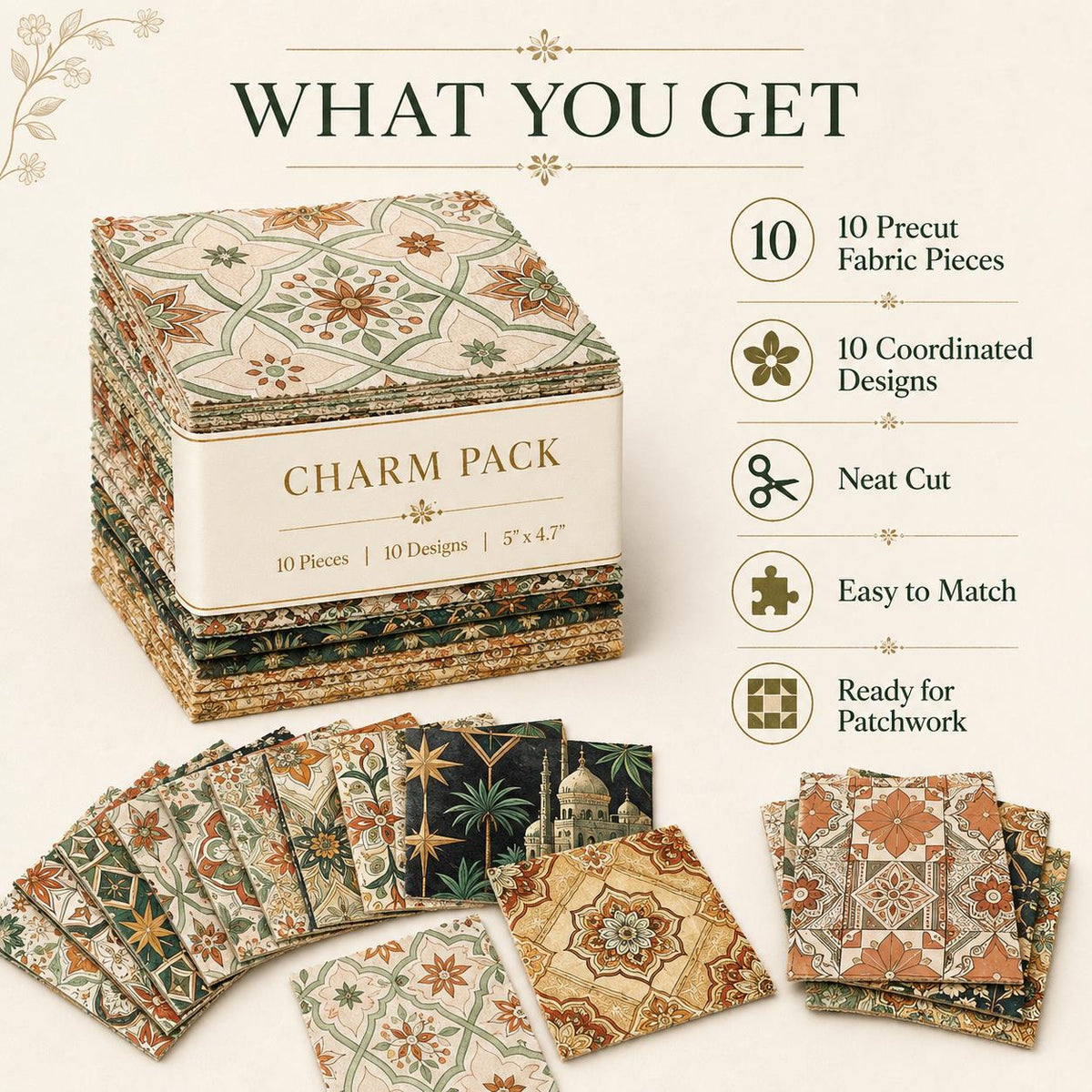 10pcs Charm Pack Set Geometric Floral Pattern 100% Polyester Patchwork in 10 Design Styles, Ready-to-Sew Without Cutting, Suitable For Patchwork Wallet Making Gift Giving Tote Bags Coasters DIY Craft Projects