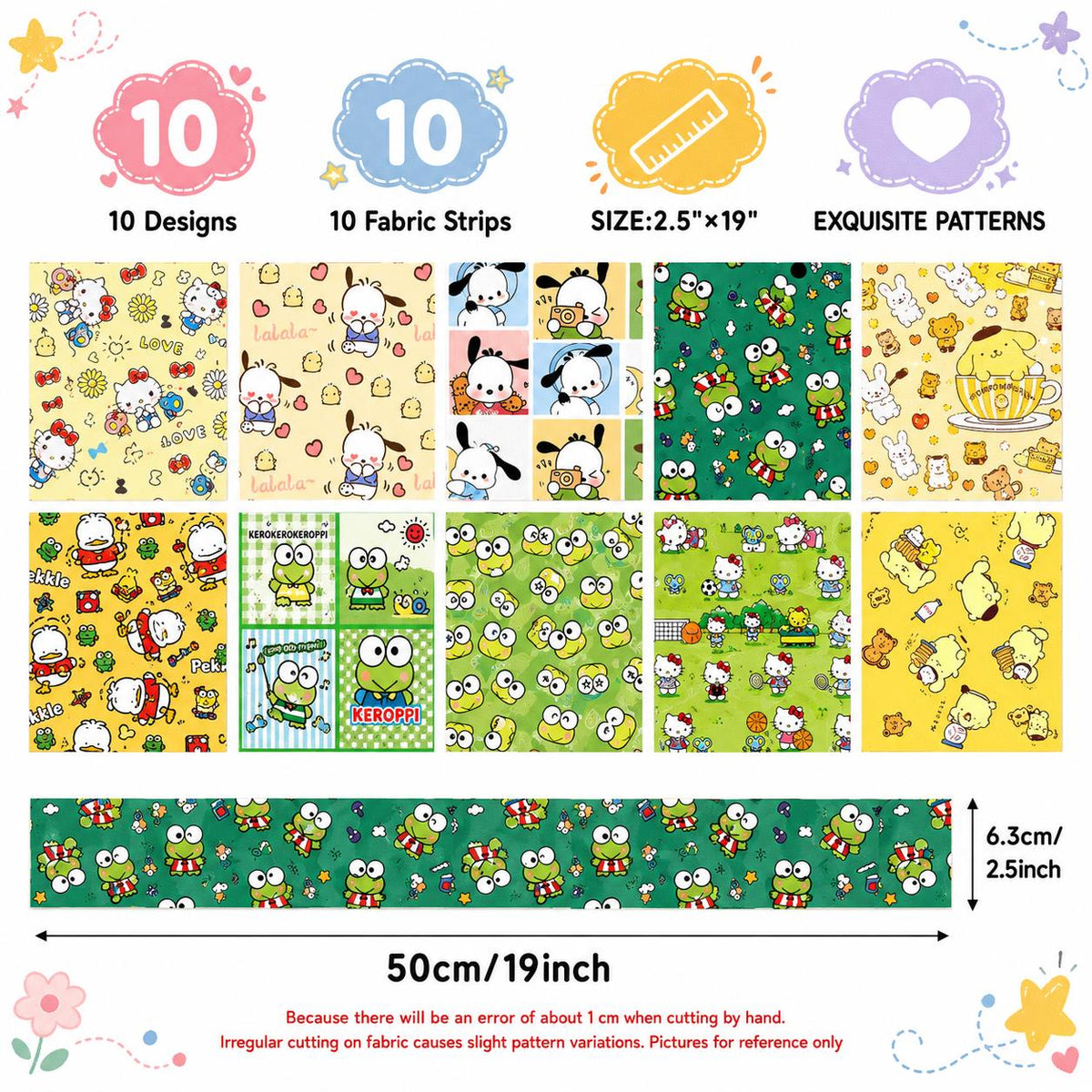 10pcs/Set, Making 10 Images 1pc Each, Each Size: 2.48*19.69inch Hello Kitty Pochacco Sanrio Series Sliced Fabric Set Style Combination, Polyester Jelly Roll Fabric Strips, Pre-Cut Quilting Squares, for Quilting DIY, Handicrafts And Sewing, Blankets, Rugs