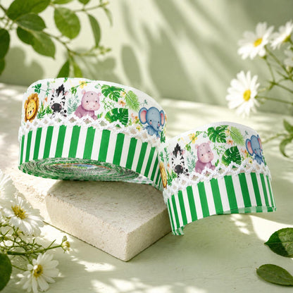 5 Yards Cute Animal Series Ribbon Adorned with Elephant Lions Tiger Stripe Pattern, Width 32mm/1.26-Inch, Two Ribbon Equipped with White Center Hook Edge, Ideal for Showcasing Jewelry And Wrapping Gifts, Creating Bows, Holiday Decorations