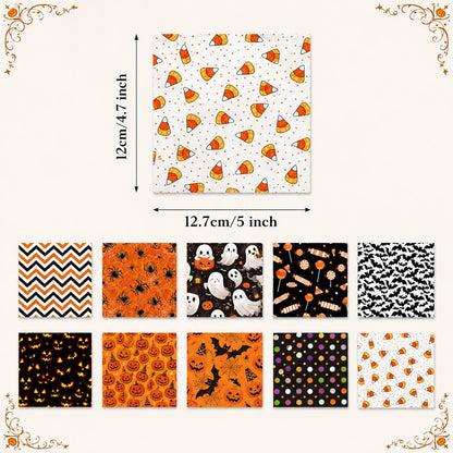 10pcs Charm Pack Set Pumpkin Bat Ghost Halloween Pattern Vintage Style Handmade DIY with Rich Color and Texture Elements 100% Polyester Patchwork in 10 Design Styles Suitable for Patchwork DIY Craft Projects DIY Wallet Making Gift Giving Bag Making Mother