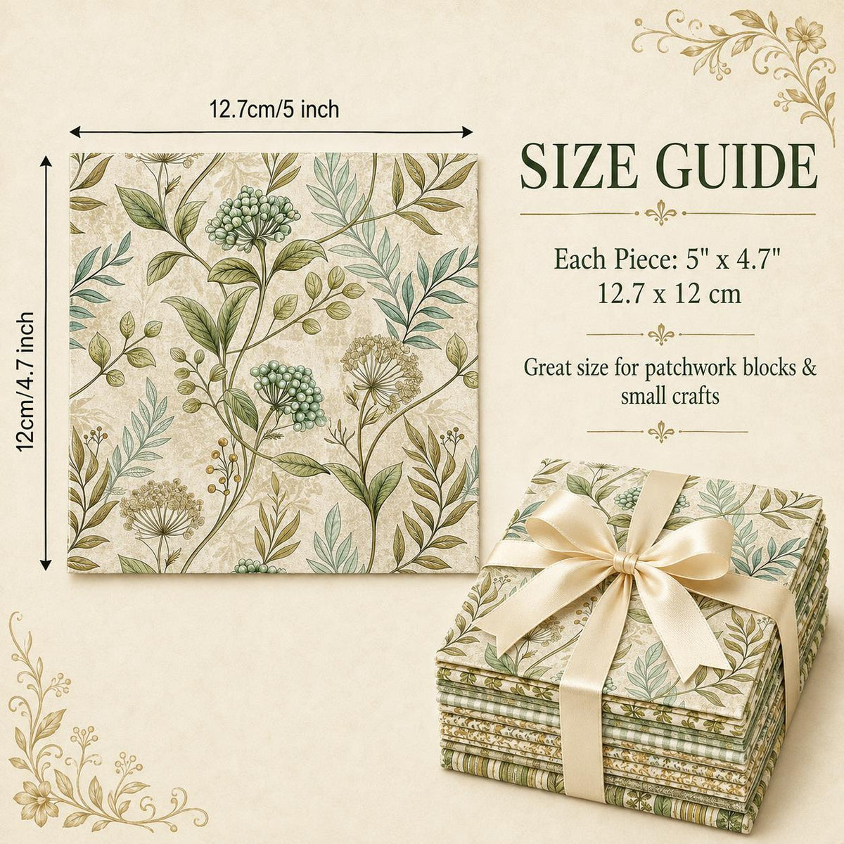 10pcs Charm Pack Set Green Floral Pattern 100% Polyester Patchwork in 10 Design Styles, Ready-to-Sew Without Cutting, Suitable For Patchwork Wallet Making Gift Giving Tote Bags Coasters DIY Craft Projects For Mother's Gift