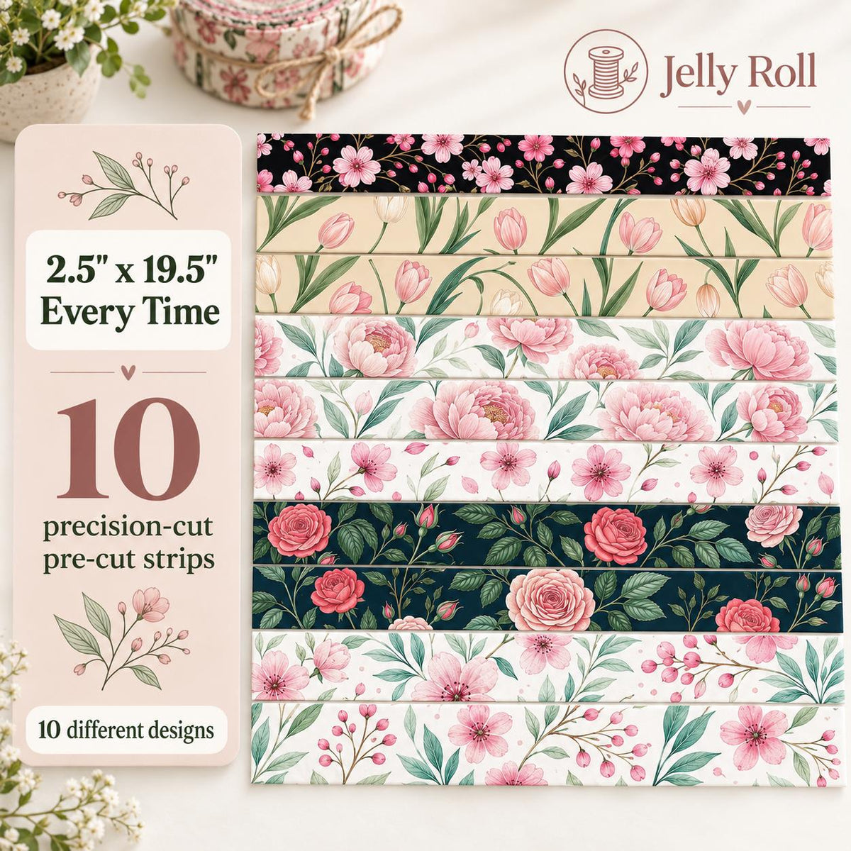 10pcs Vintage Floral Pattern Jelly Roll Fabric Strips 2.5X19.7inch Pre-Cut 100% Polyester For Patchwork Quilts, Table Runners, Placemats, Tote Bags, Storage Pouches, Makeup Bags, Coasters, Quilt Blocks & Binding