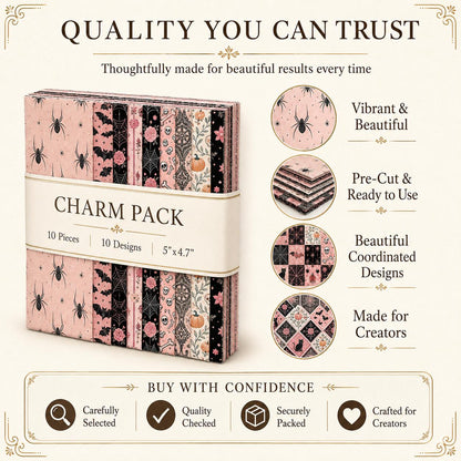 10pcs Charm Pack Set Bat Pumpkin Skull Halloween Vintage Style Pattern Handmade DIY with Rich Color and Texture Elements 100% Polyester Patchwork in 10 Design Styles Suitable for Patchwork DIY Craft Projects DIY Wallet Making Gift Giving Bag Making